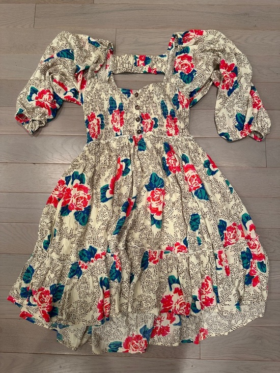 Free People Dresses & Skirts - Free People Womens Floral Puff-Sleeve Dress - Cream with Pink & Blue Blooms